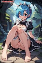 after_sex after_vaginal ai_generated barefoot blue_hair blush cum exposed_pussy feet foot_focus gamarjobson maid maid_headdress maid_uniform re:zero_kara_hajimeru_isekai_seikatsu rem_(re:zero) toes