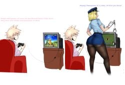 android_18 cop cop_hat crossover cuffs dragon_ball dragon_ball_z elrav gloves milf mitsuki_bakugou my_hero_academia playing_videogame playstation playstation_2 police police_hat police_uniform policewoman showing_ass sofa sony sony_corporation tv yuri