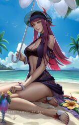 1girls alternate_costume beach blue_one-piece_swimsuit blue_swimsuit breasts casual_one-piece_swimsuit cleavage clothing_cutout dress_swimsuit female female_only fire_emblem fire_emblem_engage fire_emblem_heroes flower flower_umbrella hat hat_flower highres ivy_(fire_emblem) ivy_(summer)_(fire_emblem) long_hair looking_at_viewer medium_breasts nibelart nintendo ocean official_alternate_costume one-piece_swimsuit outdoors sand see-through_headwear smile stomach_cutout sun_hat swimsuit toeless_footwear tropical_drink umbrella_flower