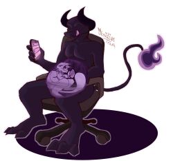 black_body black_horns black_tail bulging_belly duo eyeless eyeless_male fire_tail obsidian_trash ori_(series) original_character preril_(assbeaterr34) purple_tongue sitting sitting_on_chair spirit texting vore