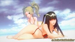 2girls 3d ;d alternate_costume bangs bare_legs barefoot beach bikini_skirt black_eyes black_hair black_nails blonde_hair breasts female female_only fire_emblem fire_emblem_awakening frilled_bikini grey_eyes jollyoldsoldier legs lissa_(fire_emblem) long_hair looking_at_viewer medium_breasts nail_polish nintendo ocean one_eye_closed open_mouth outdoors pose red_bikini red_swimsuit seductive small_breasts smile tharja_(fire_emblem) twintails white_bikini white_swimsuit wink yellow_bikini yellow_swimsuit