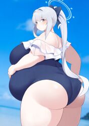 1girls 2023 amami317 ass bbw belly blue_archive blue_eyes breasts chubby chubby_female female female_focus halo hi_res high_resolution highres huge_belly huge_breasts long_hair looking_back miyako_(blue_archive) miyako_(swimsuit)_(blue_archive) obese plump ponytail rabbit_squad_(blue_archive) solo solo_female solo_focus srt_special_academy_student swimsuit white_hair