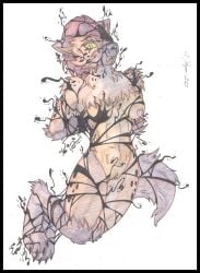 2021 anthro autumn_williams black_border border breasts cougar_leon dated dc_comics duo feet female female/female fur genitals hair hi_res humanoid hyena hysteria_klyntar mammal markings marvel nipples nude paws pussy simple_background spider-man_(series) spots spotted_body spotted_fur spotted_hyena symbiote tail text traditional_media_(artwork) venom venom_(marvel) were werehyena