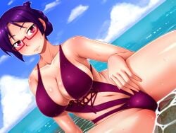 1girls bare_armpits bare_arms bare_legs bare_midriff bare_shoulders bare_thighs belly_button big_breasts blue_sky blush blushing_at_viewer cleavage clouds commander female female_only glasses human in_water long_hair midriff navel ocean purple_eyes purple_hair purple_sling_bikini purple_slingshot_swimsuit purple_swimsuit purple_swimwear red_glasses ridget_(suisei_no_gargantia) sea seaside sexy_armpits sling_bikini sling_swimsuit slingshot_bikini slingshot_swimsuit solo suisei_no_gargantia sweat sweatdrop sweating sweaty sweaty_body sweaty_breasts sweaty_thighs swimsuit swimwear thick_thighs tied_hair water water_drop water_drops