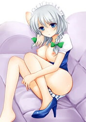 bare_legs barefoot blue_eyes blush braid breasts breasts_out couch female head_rest high_heels leaning maid maid_headdress nikoo nipples panties sakuya_izayoi shoes short_hair silver_hair single_shoe solo striped striped_panties tied_hair touhou twin_braids underwear