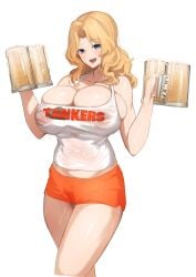 aji_(sakanaaj1) bare_shoulders blonde_hair blue_eyes blush breasts cleavage collarbone cum cum_in_container cum_in_cup cup female girls_und_panzer highres hooters hooters_uniform huge_breasts kay_(girls_und_panzer) long_hair looking_at_viewer mug open_mouth orange_shorts parted_bangs short_shorts shorts smile solo tank_top thighs white_background white_tank_top