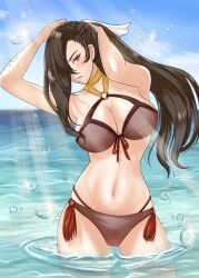 absurdres alternate_costume armpits bare_shoulders bikini blue_sky breasts brown_bikini brown_eyes brown_hair brown_swimsuit cleavage commentary commission cowboy_shot female female_only fire_emblem fire_emblem_fates highres kagero_(fire_emblem) kousetu0506 large_breasts long_hair looking_at_viewer navel parted_lips partially_submerged red_bikini skeb_commission sky solo swimsuit tying_hair water