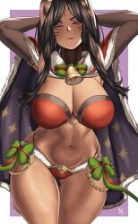 1girls 2024 absurdres alternate_costume arcedo artist_name ass_visible_through_thighs bell bow breasts brown_hair christmas costume dark-skinned_female dark_skin face_markings female female_only fire_emblem fire_emblem_awakening fire_emblem_heroes highres huge_breasts looking_at_viewer navel nintendo panne_(fire_emblem) pink_eyes solo tharja_(fire_emblem)_(cosplay) watermark