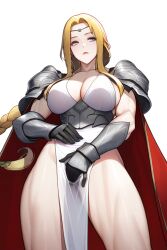 ai_generated blonde_hair cape cleavage female_masturbation fire_emblem fire_emblem_heroes gauntlets gray_eyes huge_breasts loincloth masturbation_through_clothing muscular_female muscular_thighs nintendo nott_(fire_emblem) novelai pale_skin parted_bangs pauldrons sidelocks single_braid