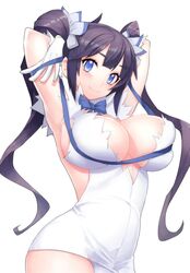 angelo_(gomahangetsu) arm_ribbon arms_up black_hair blue_eyes blush breasts cleavage_cutout dress dungeon_ni_deai_wo_motomeru_no_wa_machigatteiru_darou_ka female gloves hair_ribbon hestia_(danmachi) large_breasts long_hair looking_at_viewer rei_no_himo ribbon simple_background smile solo tied_hair twintails white_background white_dress white_gloves whooosaku