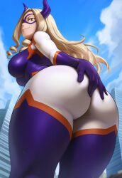 1girls ai_generated ass ass_focus ass_grab ass_squeeze back_view big_ass big_breasts blonde_female blonde_hair blonde_hair_female breasts brown_eyes closed_mouth clothing curvaceous curvy curvy_body curvy_female curvy_figure domino_mask female fully_clothed giantess gloves heroine horn horns huge_ass human krystalizedart large_ass mount_lady multicolored_clothing my_hero_academia purple_gloves smile smiling smirk smirking smirking_at_viewer solo solo_female solo_focus thick_thighs tight_clothes tight_clothing tight_fit upper_body