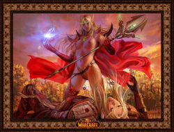 2007 armor azazel_(artist) bikini_armor blizzard_entertainment blonde_hair blood_elf blood_elf_mage blood_elf_paladin boots breasts cape deviantart elbow_gloves elf erect_nipples eversong_woods gloves green_eyes highres jiushu judgement_armor mage_(warcraft) magic nipples original_character paladin_(warcraft) panties pointy_ears public_topless source_request staff thigh_boots thighhighs topless underwear warcraft world_of_warcraft