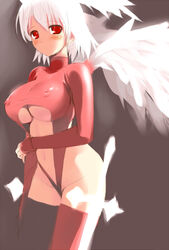 albino altima blush boots breasts erect_nipples feathers female female_only final_fantasy final_fantasy_tactics final_fantasy_tactics_(original) fingerless_gloves gloves head_wings headwings hima huge_breasts large_breasts red_eyes shiny short_hair solo thigh_boots thighhighs ultima_(fft) underboob white_hair wings