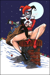 areolae ass batman:_the_animated_series batman_(series) bottomless breasts butt christmas dc_comics dcau female female_focus female_only harley_quinn harley_quinn_(classic) human moon navel night nipples outdoors pose posing pubic_hair sitting solo tagme tcatt the_new_batman_adventures