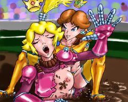 2girls armor armor_break blonde_hair blue_eyes breasts brown_hair catfight closed_eyes crown earrings female female_only fight human mario_(series) mario_strikers mud multiple_females multiple_girls nintendo nipples one_breast_out open_mouth ponytail princess_daisy princess_peach pulling_hair shoulder_length_hair straight_hair tagme tied_hair yuri