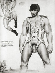 2boys abs artist_signature backpack balls ballsack boots buff dangling_testicles erect_penis etienne_(artist) flaccid_penis foreskin harness helmet human intact low_hanging_balls male male_nipples male_only male_pubic_hair mostly_nude_male muscular muscular_male naked nature_background parachute paratrooper penis scrotum soldier solo_focus standing testicles world_war_2