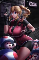 blonde_hair blood blue_earrings blue_eyes breasts capcom claire_redfield claire_redfield_(cosplay) diskette earrings female firearm gun handgun humanoid mario_(series) night nintendo open_mouth pale_skin ponytail princess_peach public resident_evil thighs toad_(mario) weapon zombies