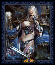 1girls 2007 armor azazel_(artist) bikini bikini_armor bikini_bottom blizzard_entertainment boots breasts death_knight exposed_breasts female finger_to_mouth gloves helmet human human_death_knight lady_blaumeux linked_piercing looking_at_viewer midriff naxxramas nipple_chain nipple_piercing nipples pale-skinned_female pale_skin piercing purple_eyes silver_hair sitting sitting_on_throne solo swimsuit sword thigh_boots thighhighs throne topless warcraft weapon white_hair world_of_warcraft