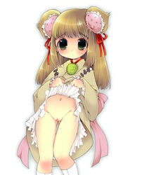 blonde_hair blush chestnut flashing_pussy green_eyes hair_ribbon huge_eyes kimono navel no_panties poring ragnarok_online showing_pussy