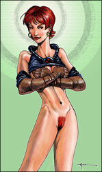 1girls 2002 blue_eyes bottomless earrings female female_only hand_bra hoop_earrings jean_grey marvel marvel_girl nude pubic_hair pussy red_hair short_hair solo straight_hair tcatt ultimate_jean_grey ultimate_x-men vagina x-men