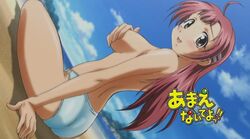 1girls amaenaideyo arm_support ass back beach bikini blush breast_hold breast_squeeze breasts brown_eyes cap chitose_nanbu cloud covering covering_breasts dutch_angle female hair_ornament hairclip large_breasts long_hair looking_back nanbu_chitose pink_hair screencap sideboob sitting smile solo swimsuit topless