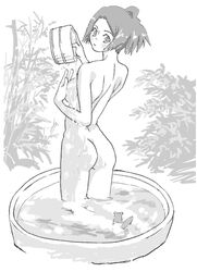 ass bare_back bare_shoulders bath breasts female fuu_kasumi hair_up kneeling looking_back monochrome nude plant samurai_champloo water wet