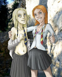 2girls abdomen artist_request bra breasts clothing female female_only freckles ginny_weasley gryffindor gryffindor_tie harry_potter luna_lovegood raveclaw ravenclaw_tie shirt skirt tagme thumbs_up