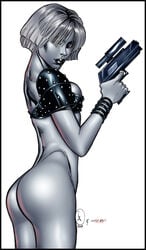 1girls 2003 ass chiana dat_ass farscape female female_only gun miravi nebari silver_skin simple_background solo weapon white_background white_hair