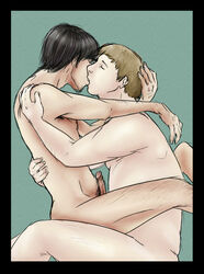 2boys anal anal_penetration anal_sex black_hair brown_hair closed_eyes cowgirl_position erection gay john_hodgman justin_long kissing mac male_only mascot pc personification sitting_on_penis slightly_chubby windows yaoi