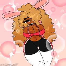 big_breasts big_thighs brown_eyes brown_skin bunny_ears bunny_tail female friday_night_fever friday_night_funkin heart hourglass_figure hunni_(hunnibunnii) hunnibunnii pink_sweater sparkles white_boots yellow_hair