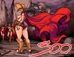 300 armor ass beige_skin black_hair breasts cape color dark_horse female female_only hair helmet holding human leonidas long_hair multiple_females multiple_girls outdoors overhand_grip rule_63 shield sideboob spartan_helmet spear standing topless warrior weapon