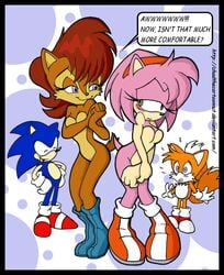 amy_rose anthro archie_comics boots breasts casual ccn chadthecartoonnut chipmunk dotted_background embarrassed exposed_torso featureless_breasts female footwear fox fur handwear handwear_and_footwear_only hedgehog interspecies male miles_tails_prower mobian_(species) sally_acorn sega shoes smile sonic_(series) sonic_satam sonic_the_hedgehog sonic_the_hedgehog_(archie) sonic_the_hedgehog_(comics) sonic_the_hedgehog_(series) standing straight_hair text