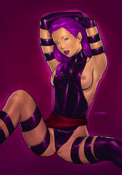 1girls 2006 armpits arms_up asian breasts female female_only lipstick marvel marvel_comics miravi nipples posing psylocke purple_hair solo straight_hair x-men zettai_ryouiki