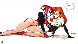 2girls batman:_the_animated_series batman_(series) blonde_hair bottomless bottomless_female dc_comics dcau female female_only green_skin harley_quinn harley_quinn_(classic) human light-skinned_female multiple_females no_panties no_pants poison_ivy poison_ivy_(dcau) red_hair red_nipples tcatt the_new_batman_adventures yuri