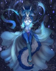 4_toes anthro araivis-edelveys black_nose blue_eyes blue_fur blue_hair breasts cameltoe canine clothed clothing digitigrade female fox fur hair mammal midriff navel nipples solo toes wide_hips