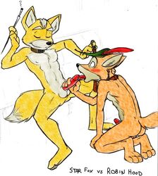 2boys abs anthro ass balls blush canine collar crossover disney erection fox fox_mccloud furry gay licking male male_only mammal nintendo nipples oral pecs penis poop_(artist) robin_hood_(character) robin_hood_(disney) slave smoking star_fox testicles tongue tongue_out yaoi