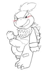 1boy anthro balls band-aid bandage black_and_white bowser_jr. erection fist front_view full_body grin koopa line_art looking_at_viewer male male_only mario_(series) monochrome mostly_nude neckerchief nintendo oob partially_retracted_foreskin penis scalie shell solo spot_color standing testicles uncut video_games walking