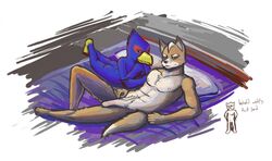 abs anthro ass athletic avian barefoot bed bird blue_feathers blush brown_fur brown_nose canine davidmawesome duo erection falco_lombardi feathers fox fox_mccloud fur furry green_eyes highres holding_penis imminent_sex male mammal muscular nintendo nude pecs penis pose raised_leg sirrob sitting smile standing star_fox tan_fur undressing white_fur white_hair yaoi