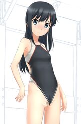 asashio_(kantai_collection) black_hair blush breasts competition_swimsuit female female grey_eyes kantai_collection long_hair looking_at_viewer one-piece_swimsuit pubic_hair pussy small_breasts solo standing swimsuit swimsuit_aside takafumi uncensored