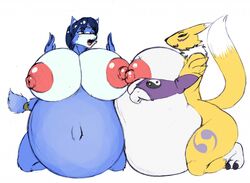 2girls anthro areola belly big_areola big_belly big_breasts big_nipples blue_body blue_fur breasts breasts_bigger_than_head canine digimon duo female female_only fox furry furry_only hyper_belly hyper_pregnancy krystal mammal milkybody naked nintendo nipples nude nude_female open_mouth plain_background pregnant renamon round_breasts simple_background star_fox talking_to_another video_games white_background yellow_body yellow_fur yin_yang