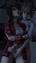 2girls 3d areolae blonde_hair blue_eyes breasts brown_hair closed_eyes clothing female female_only larryjohnsonsfm life_is_strange masturbation max_caulfield nipples partially_clothed rachel_amber standing vagina yuri