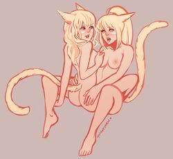 2girls animal_ears ass barefoot breasts cat_ears cat_tail facial_mark final_fantasy final_fantasy_xiv miqo'te momo-deary momodeary nipple_tweak nipples nude open_mouth pink_eyes ponytail saliva saliva_trail simple_background tail tied_hair tongue tongue_out yuri