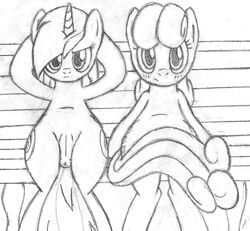 anus bench blush bonbon_(mlp) duo earth_pony equine exposed female feral friendship_is_magic horn horse looking_at_viewer lyra_heartstrings_(mlp) mammal my_little_pony pony pussy sitting tg-0 unicorn wings