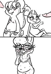 2016 anthro belly big_belly black_and_white blush breasts buckteeth caitlin_vison chest_tuft claws dewlap disembodied_penis disney eyewear fan_character female flat_chest flat_chested glasses group inkyfrog kneeling lagomorph male mammal maxine_d'lapin monica_muskroura mustelid navel nipples nude penis polecat pregnant pussy rabbit restricted_palette simple_background sitting skunk small_breasts smile sweat teeth tuft white_background zootopia