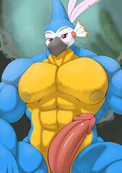 1boy abs anthro areola avian barazoku beak ben300 biceps big_nipples big_penis bird breath_of_the_wild deltoids erection feathers kass_(zelda) looking_at_viewer macaw male male_only manly muscular nintendo nipples parrot pecs penis rito smile solo the_legend_of_zelda thick_penis thick_thighs