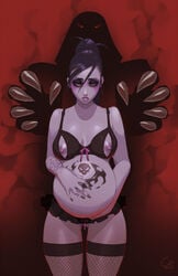 belly big_belly blizzard_entertainment bra breasts cedargrove cleavage female female_only fishnet fishnet_stockings huge_belly human large_breasts long_hair nipples overwatch overwatch_2 ponytail pregnant purple_hair purple_skin ready_to_pop reaper solo stockings thighhighs tied_hair widowmaker