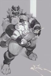 1boy ambiguous_gender autofacial big_testicles bulge caressing_testicles claws cum cum_on_chest cum_on_face cum_on_ground cum_on_hands cum_on_self cum_on_tongue disembodied_hand erection fangs feet feline fur furry grey_background grey_fur incineroar large_penis licking looking_down male male_only masturbation monochrome mostly_nude muscular muscular_male nintendo nipples null-ghost paws penis pokemon pokemon_sm solo_focus standing stripes sweat teeth thick_thighs tongue tongue_out topless trembling underwear veins veiny_penis video_games whiskers