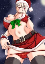 areolae belt blonde_hair blush breast_slip breasts christmas cleavage clitoris clitoris_slip crotch curvy female hair_between_eyes hat holidays invitation large_breasts looking_at_viewer moon nakiri_alice navel nipple_slip panties panty_pull parted_lips pubic_hair pubic_hair_peek pussy red_eyes ribbon santa_costume santa_hat shokugeki_no_souma short_hair skirt skirt_lift sky smile snow solo standing stars teeth underwear viewed_from_below zodiac