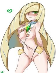 1girls aether_foundation areolae bikini blonde_hair blue_hair breasts clothing female female_only green_eyes human lightsource long_hair looking_at_viewer lusamine_(pokemon) midriff navel nintendo nipples pokemon pokemon_sm pussy smile solo spread_legs standing text wide_hips