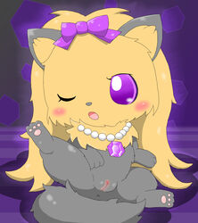 anus blush bow canine female feral fur grey_fur jewelpet jewelpet_(species) jewelry mammal one_eye_closed open_mouth purple_eyes pussy sanrio sega sega_fave sega_toys simple_background solo tatwuyan topaz_(jewelpet) wink